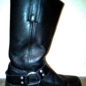 Black GENUINE Leather Black Biker Boots with Harness accents, men's8.5 women 10
